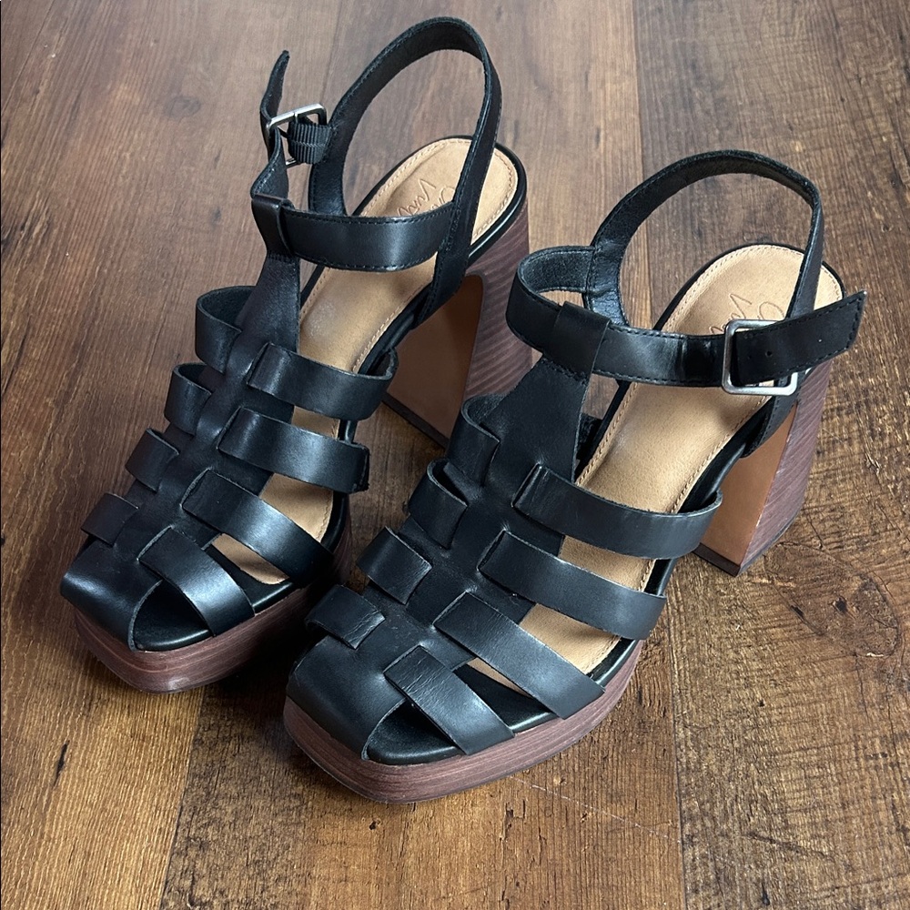 Crown Vintage Black Strappy Platform Heels with Wood-Effect Block Heel